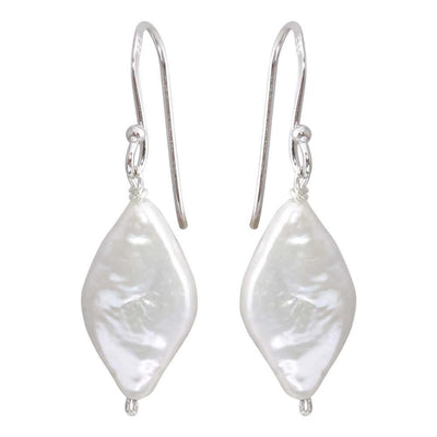 Sterling Silver Rhodium Plated Fish Hook Diamond Shape Dangling Pearl Earrings