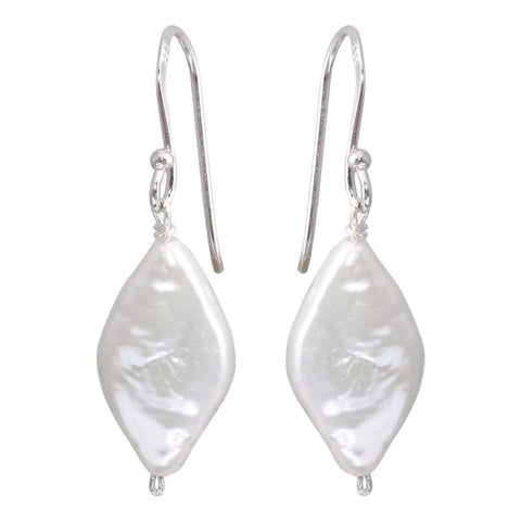 Sterling Silver Rhodium Plated Fish Hook Diamond Shape Dangling Pearl Earrings