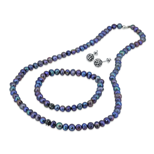 Sterling Silver Fresh Water Black Pearl Set With CZ Encrusted Bead