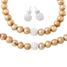 Load image into Gallery viewer, Sterling Silver Fresh Water Champagne Pearl Necklace, Bracelet and Earrings Set with CZ Encrusted Bead With CZ  Stones