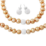 Sterling Silver Fresh Water Champagne Pearl Necklace, Bracelet and Earrings Set with CZ Encrusted Bead With CZ  Stones