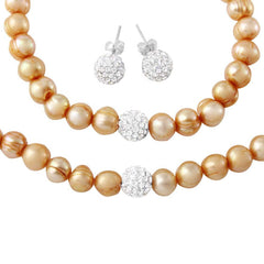 Sterling Silver Fresh Water Champagne Pearl Necklace, Bracelet and Earrings Set with CZ Encrusted Bead With CZ  Stones