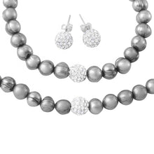 Load image into Gallery viewer, Sterling Silver Fresh Water Grey Pearl Necklace, Bracelet and Earrings Set with CZ Encrusted Bead With CZ  Stones