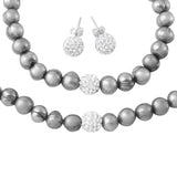 Sterling Silver Fresh Water Grey Pearl Necklace, Bracelet and Earrings Set with CZ Encrusted Bead With CZ  Stones