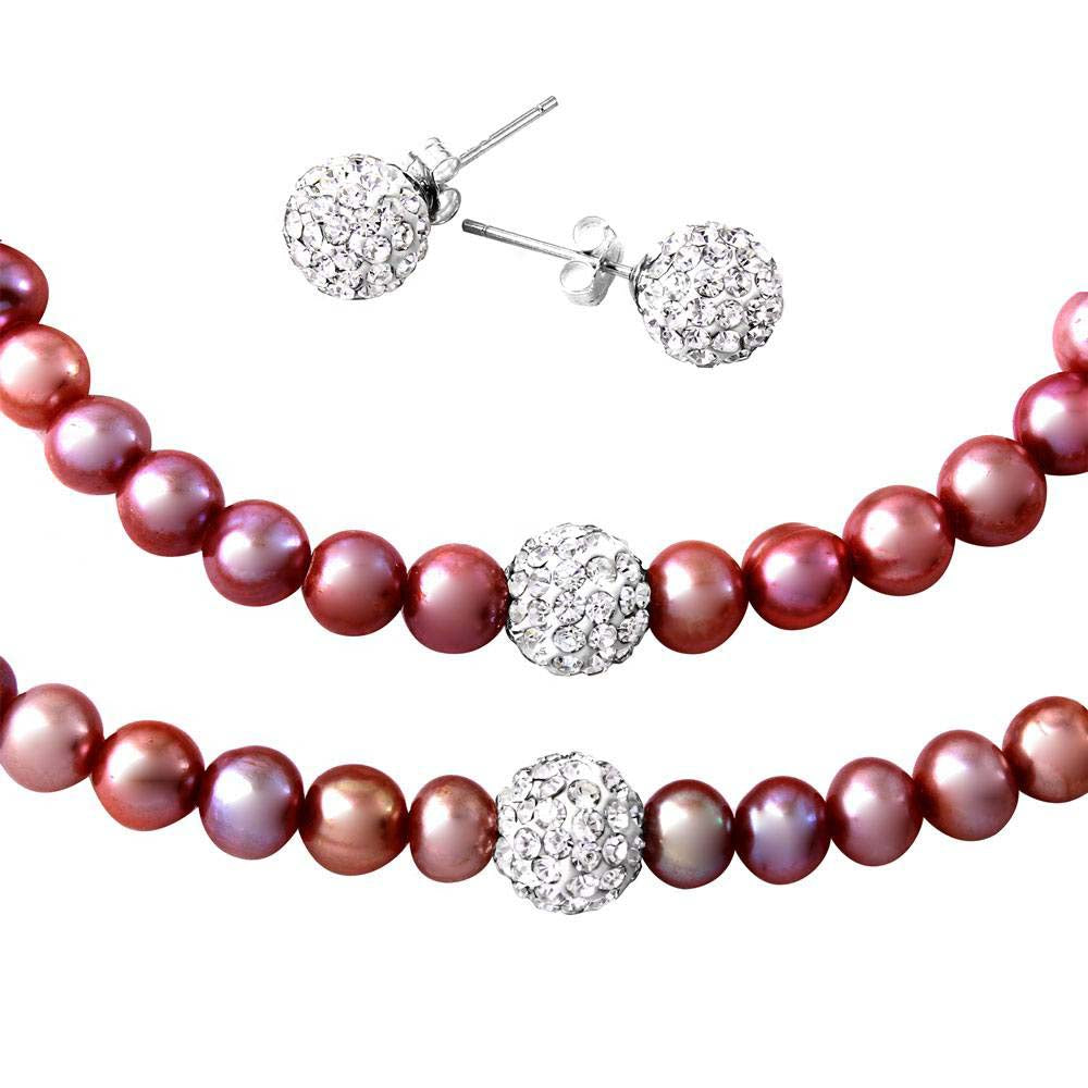 Sterling Silver Fresh Water Pink Pearl Necklace, Bracelet and Earrings Set with CZ Encrusted Beads With CZ  Stones