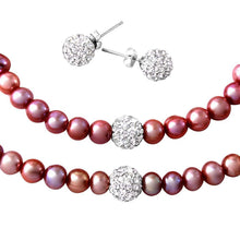 Load image into Gallery viewer, Sterling Silver Fresh Water Pink Pearl Necklace, Bracelet and Earrings Set with CZ Encrusted Beads With CZ  Stones