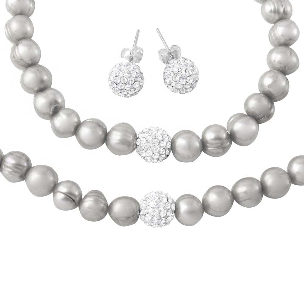 Sterling SilverFresh Water White Pearl Necklace, Bracelet and Earrings Set with CZ Encrusted Bead With CZ  Stones