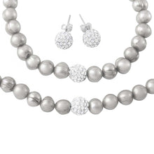 Load image into Gallery viewer, Sterling SilverFresh Water White Pearl Necklace, Bracelet and Earrings Set with CZ Encrusted Bead With CZ  Stones