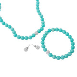 Sterling Silver Turquoise Beads Necklace, Bracelet and Earrings Set with CZ Encrusted Bead With CZ  Stones
