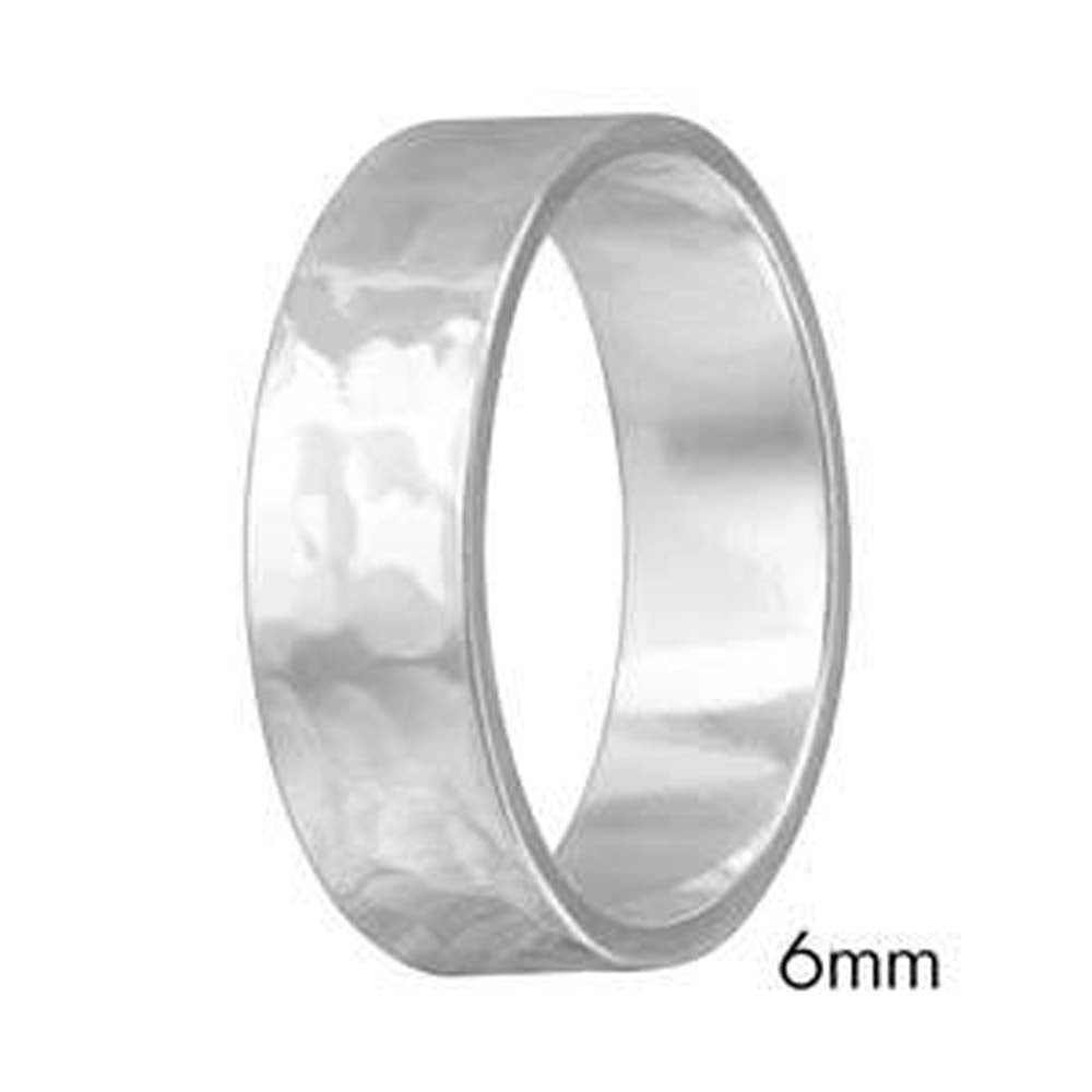 Sterling Silver Hand Hammered Rhodium Plated Wedding Band Flat Ring
