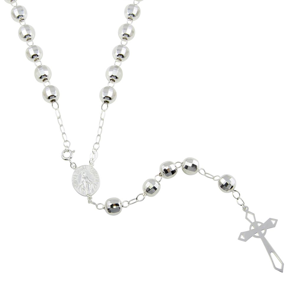 Sterling Silver Diamond Cut Beads Rosary Necklace