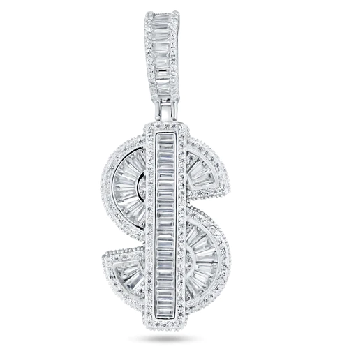 Sterling Silver Rhodium Plated Baguette CZ Dollar Sign Pendant