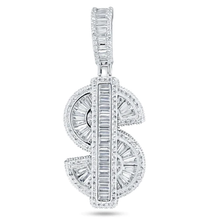Load image into Gallery viewer, Sterling Silver Rhodium Plated Baguette CZ Dollar Sign Pendant