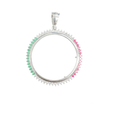 Sterling Silver Rhodium Plated Bezel For Coin Clear Green And Red CZ Pendant Width-45.1mm, Inner Bezel-37.5mm