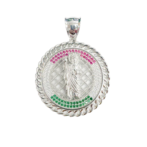 Sterling Silver Rhodium Plated Clear Green And Red CZ Saint Jude Pendant Width-35mm