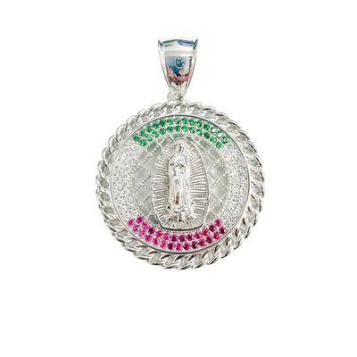 Sterling Silver Rhodium Plated Our Lady Of Guadalupe Clear Green And Red CZ Pendant Width-29mm