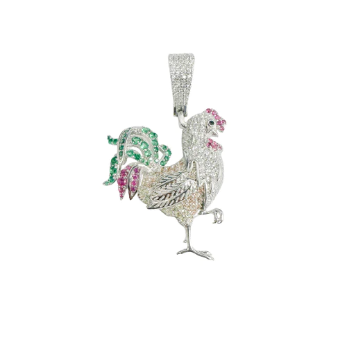 Sterling Silver Rhodium Plated Chicken Multicolor CZ Pendant Thickness-26mmx32mm