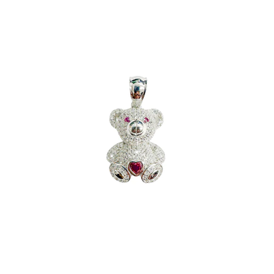 Sterling Silver Rhodium Plated Teddy Bear Heart Clear and Red CZ Pendant Thickness-13mmx17mm