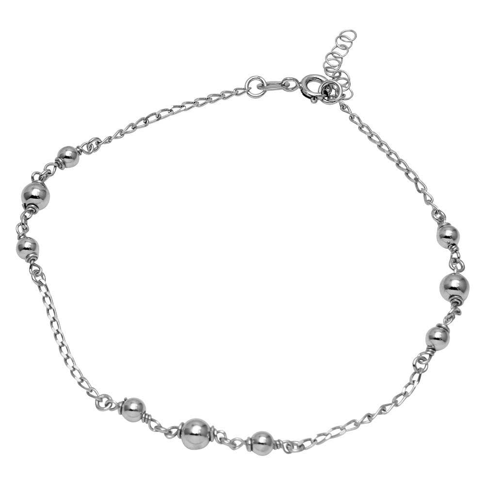 Sterling Silver Rhodium Plated Trio Bead Design Anklet