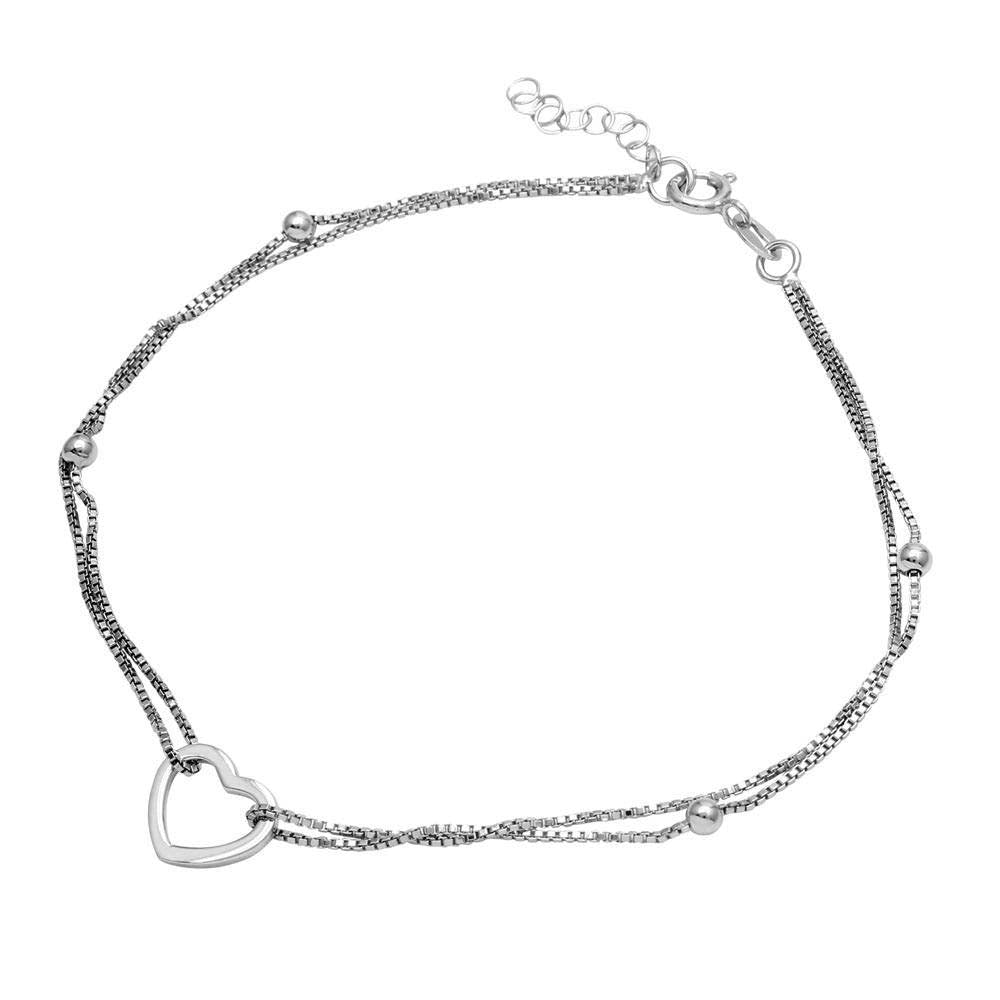 Sterling Silver Rhodium Plated Double Strand Open Heart Anklet