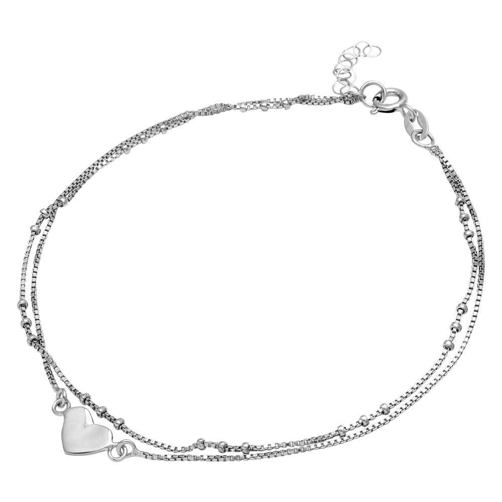 Sterling Silver Rhodium Plated Double Strand Heart Anklet