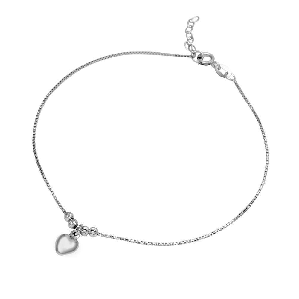 Sterling Silver Rhodium Plated Dangling Heart Anklet