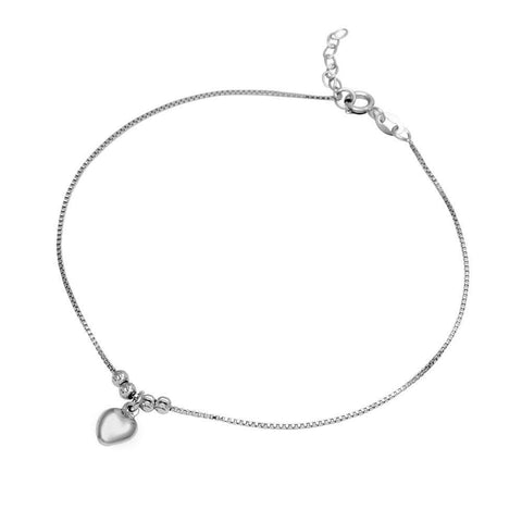 Sterling Silver Rhodium Plated Dangling Heart Anklet