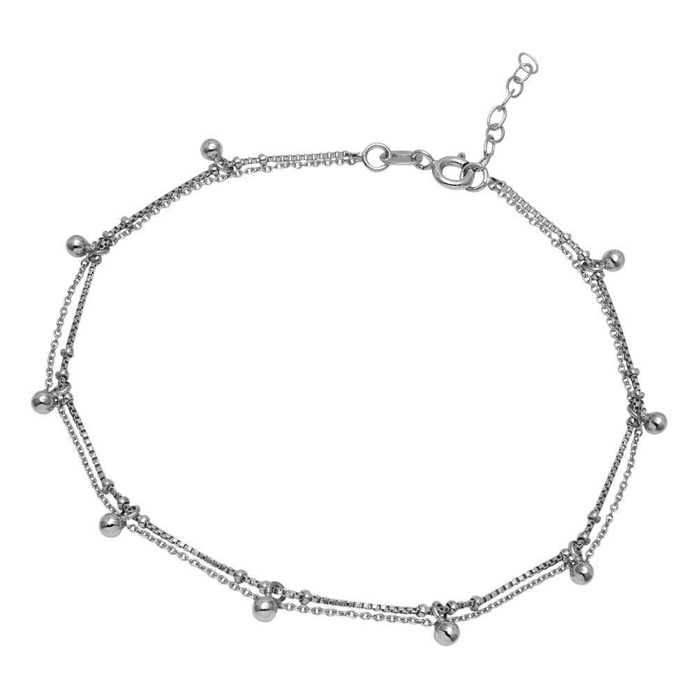 Sterling Silver Rhodium Pated Multi Bead Anklet