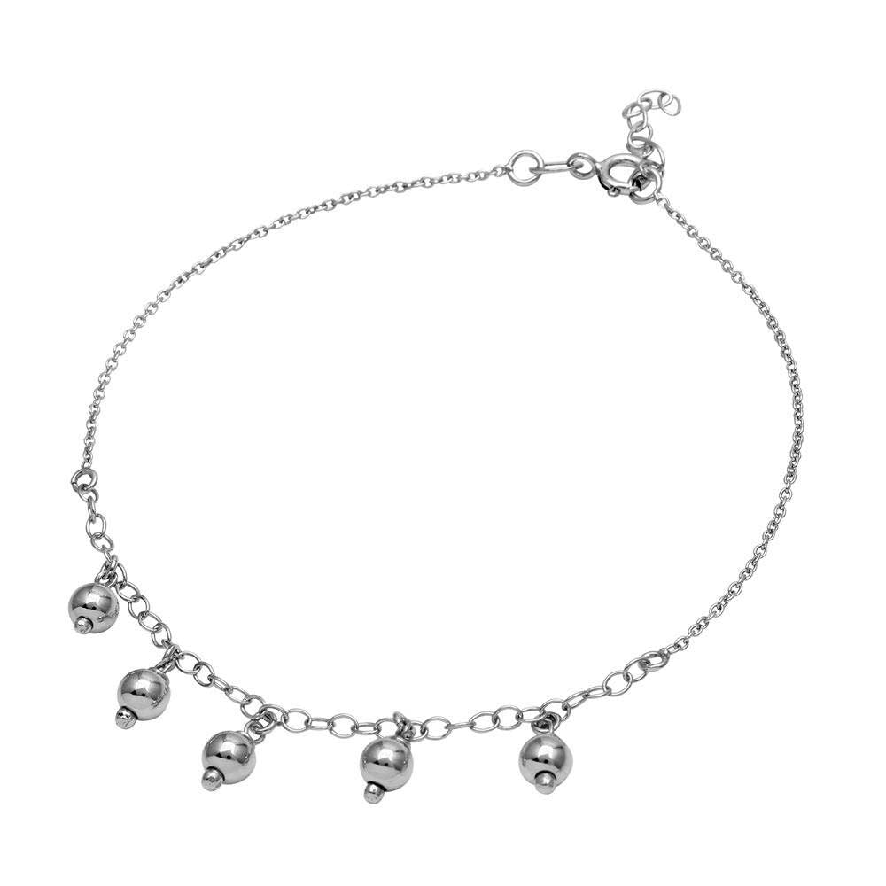 Sterling Silver Rhodium Plated 5 Dangling Bead Anklet