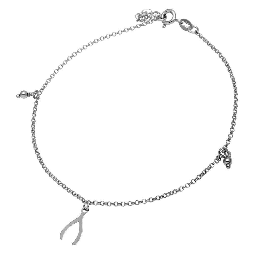 Sterling Silver Rhodium Plated Wishbone And Bead Anklet