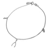 Sterling Silver Rhodium Plated Wishbone And Bead Anklet