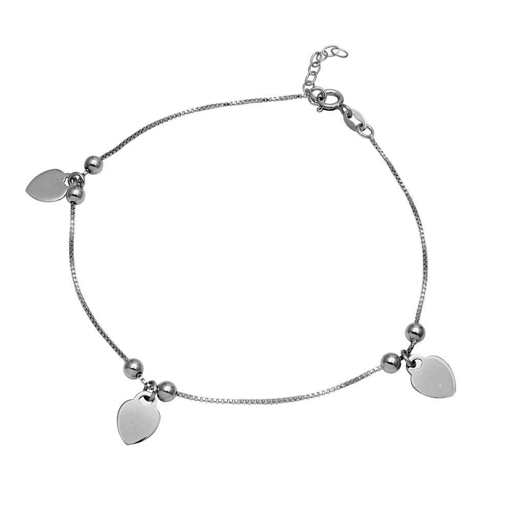 Sterling Silver Rhodium Plated Heart And Bead Anklet
