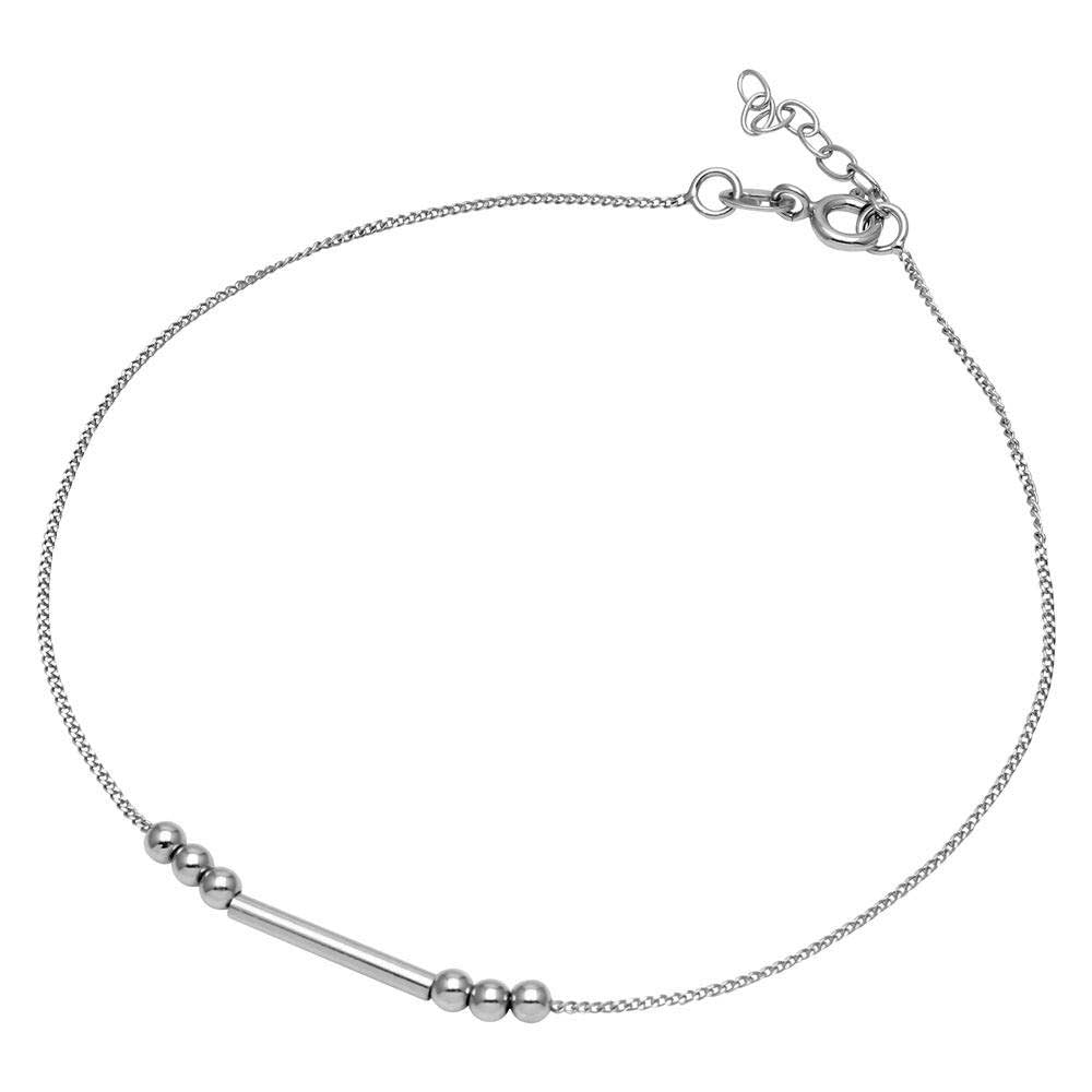Sterling Silver Rhodium Plated Bar With Trio Bead Design Anklet