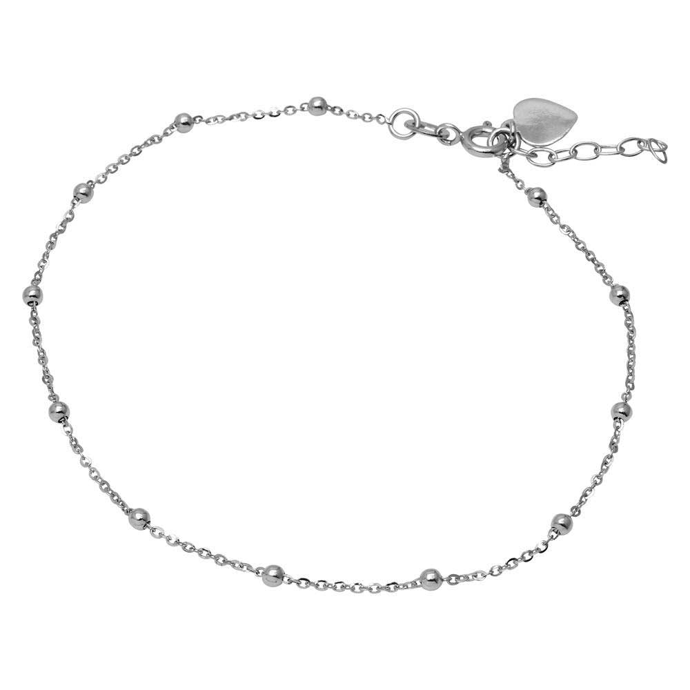 Sterling Silver Rhodium Plated DC Beads And Heart Anklet