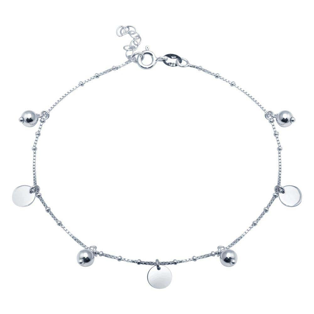 Sterling Silver Rhodium Plated Round And Flat Circle Charm Anklet