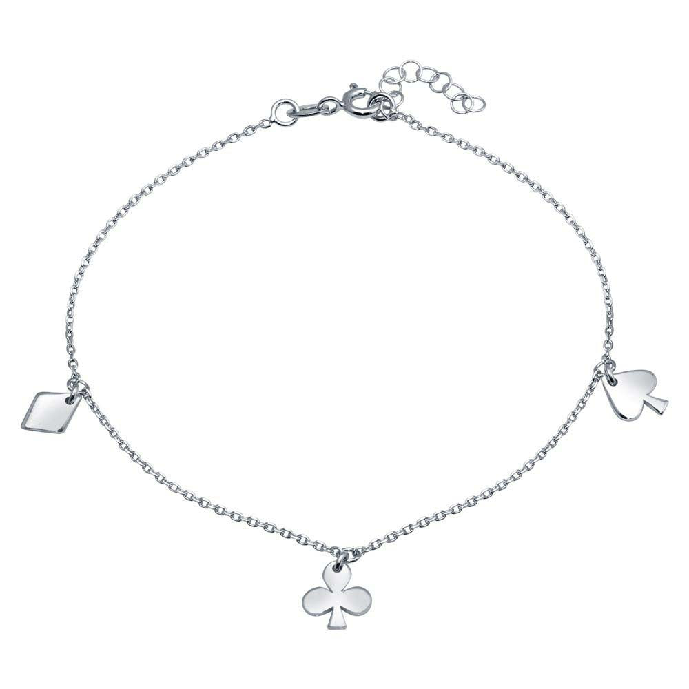 Sterling Silver Rhodium Plated Diamond, Clover And Spade Charm Anklet