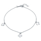 Sterling Silver Rhodium Plated Diamond, Clover And Spade Charm Anklet