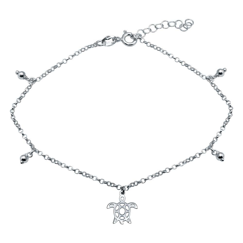 Sterling Silver Rhodium Plated Turtle Charm Anklet