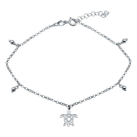 Sterling Silver Rhodium Plated Turtle Charm Anklet