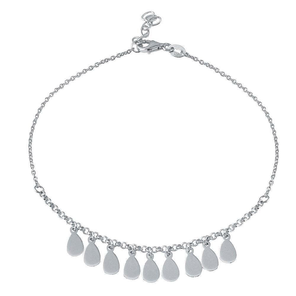 Sterling Silver Rhodium Plated Dangling Teardrop Charm Anklet