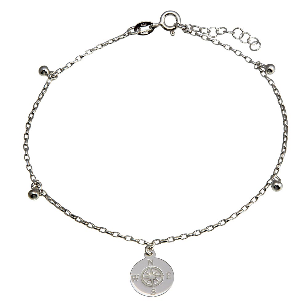 Sterling Silver Rhodium Plated Compass Disc with Dangling Beads Anklet