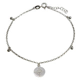 Sterling Silver Rhodium Plated Compass Disc with Dangling Beads Anklet