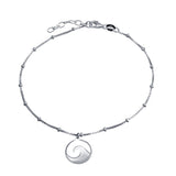 Sterling Silver Rhodium Plated Disc Wave Design Beaded Box Chain Anklet