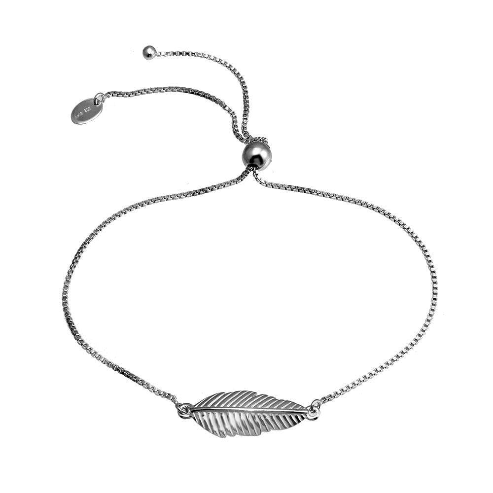 Sterling Silver Rhodium Plated Leaf Lariat Bracelet - silverdepot