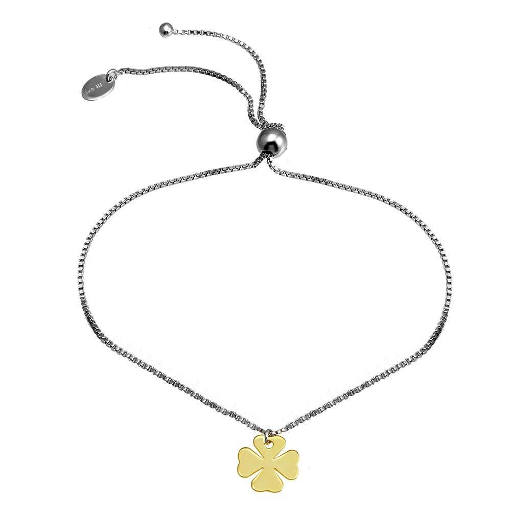 Sterling Silver Rhodium Plated with Gold Plated Clover Charm Lariat Bracelet - silverdepot
