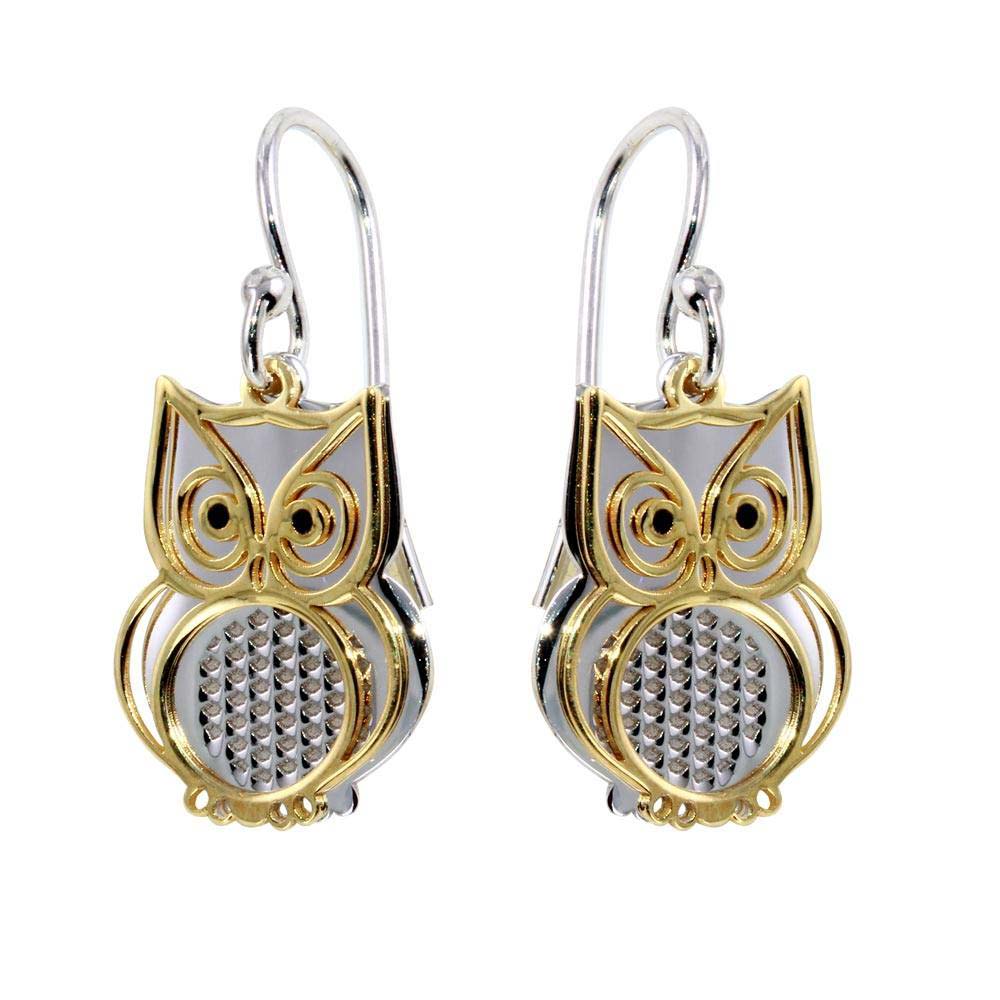 Sterling Silver Gold And Rhodium Plated Flat Owl Shaped Earrings