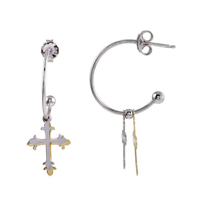 Sterling Silver Two Toned Semi Hoop Cross Shaped Dangling Earrings