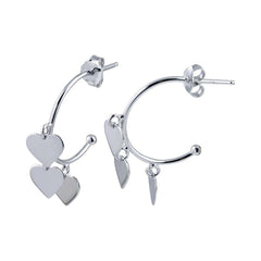 Sterling Silver Rhodium Plated Dangling Heart Silver Charm Earrings