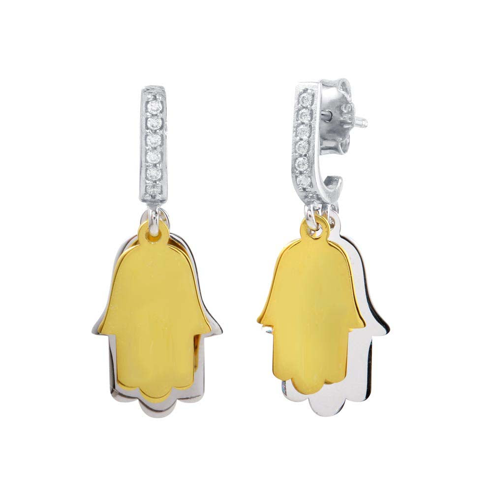 Sterling Silver Two Toned Dangling Hamsa Hand CZ Earrings