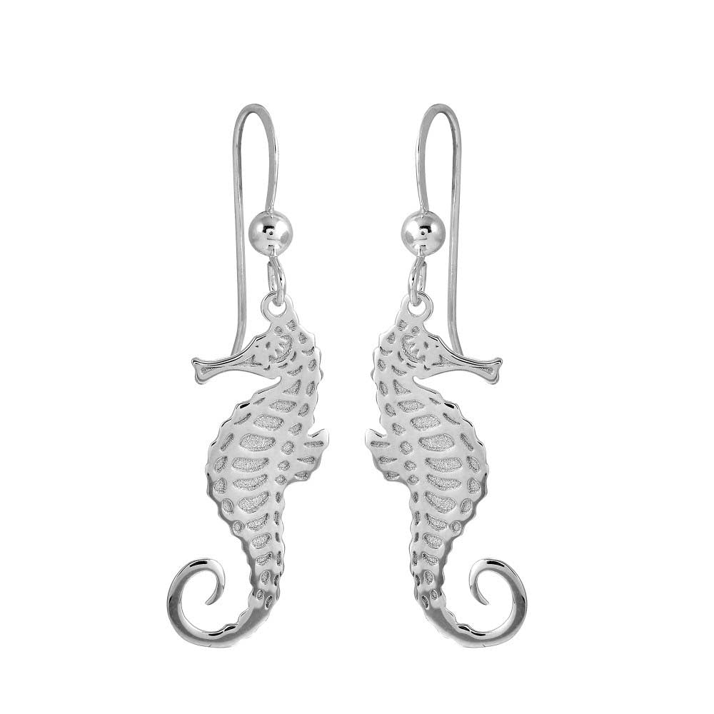 Sterling Silver Rhodium Plated Dangling Sea Horse Earrings